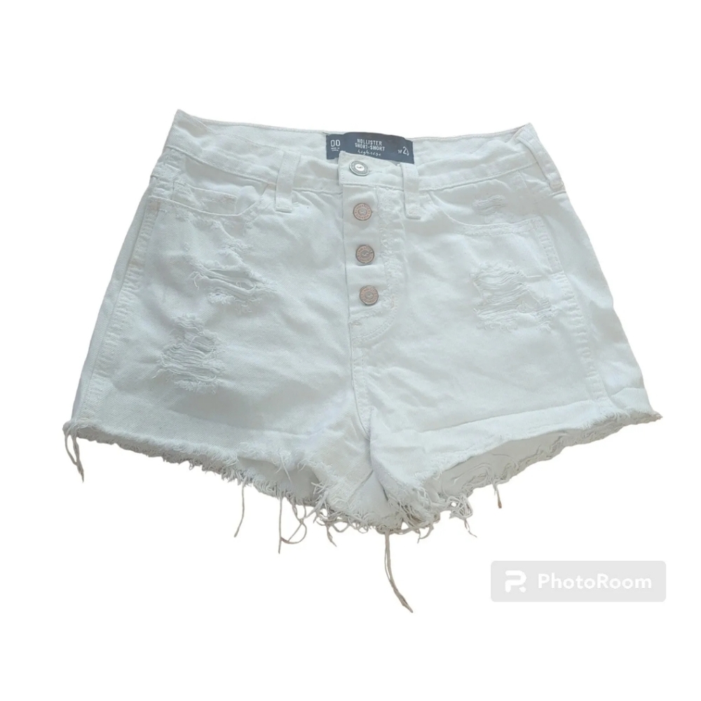 Hollister Booty Shorts High Rise Button Fly White Distressed Denim Sz 00 26/3"